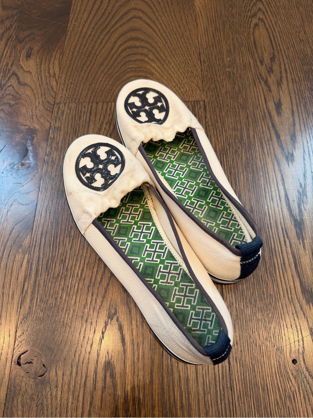 Tory Burch Cream and Navy Canvas Ballet Flats Loafers